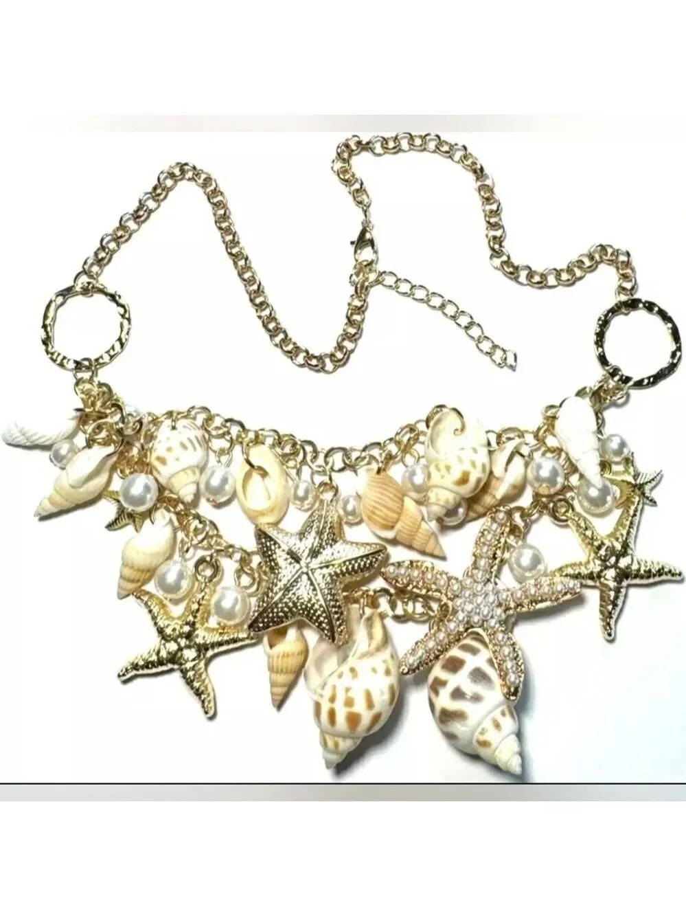 Gold Chain Bib Ocean Shell Starfish Pearl Charms Beaded